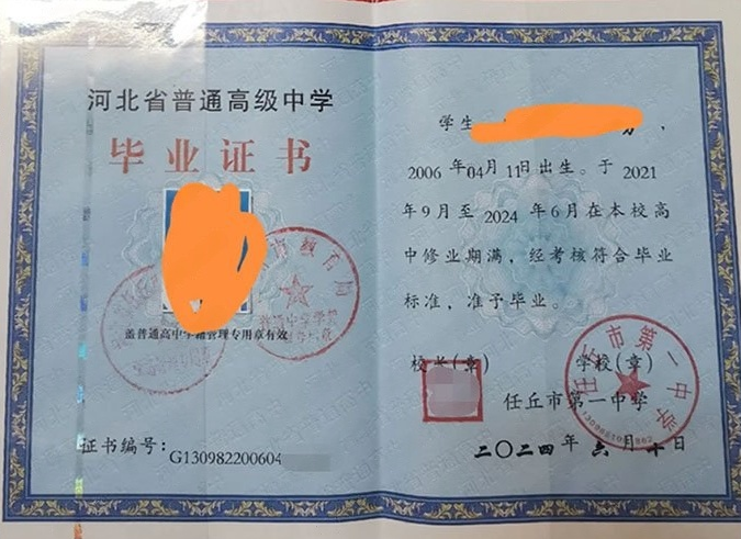 肥城任丘市第一中学高中毕业证样本图片